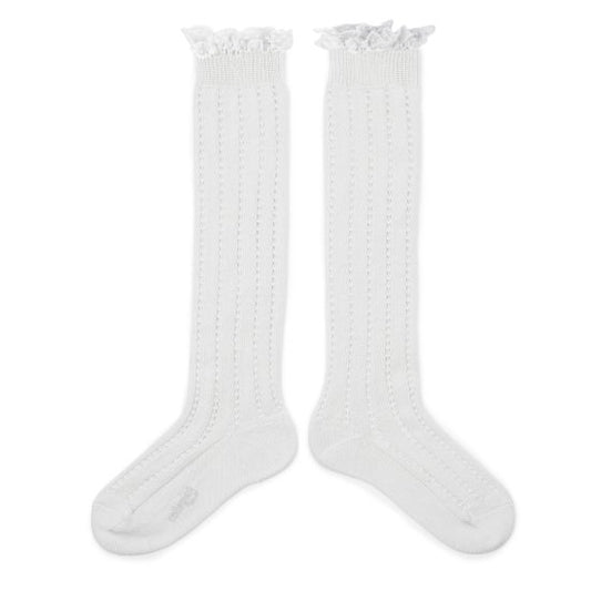 Corape deri ne gju me dantell/Marie Leonie socks blanc neige -Collegien