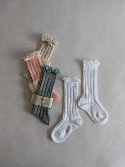 Corape deri ne gju me dantell/Marie Leonie socks blanc neige -Collegien