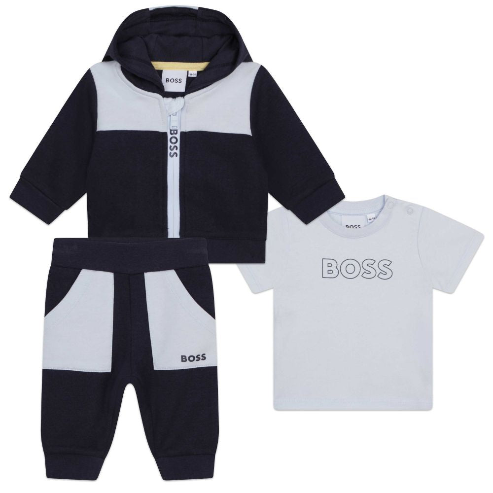 Set triko me zinxhir, tuta dhe bluze/Boys Navy Tracksuit + T Shirt Set-Boss