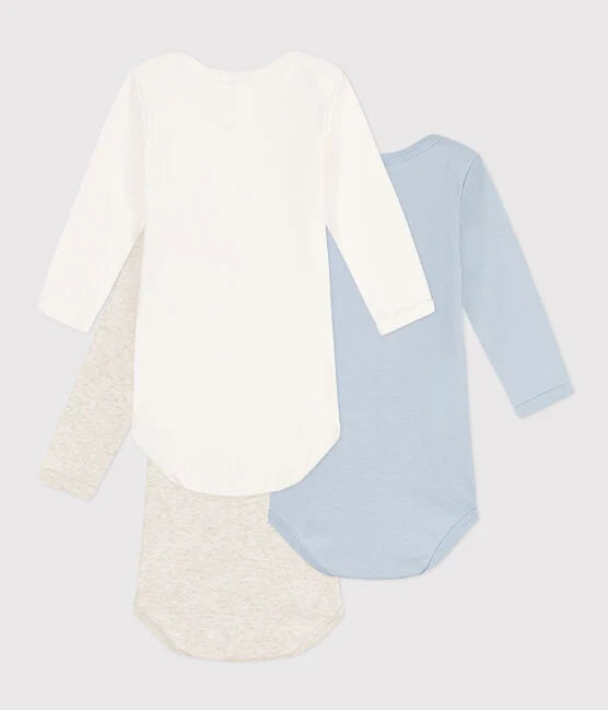 3 badi set/ Baby plain lONG-SLEEVED COTTON BODYSUITS - 3-PACK -Petit Bateau