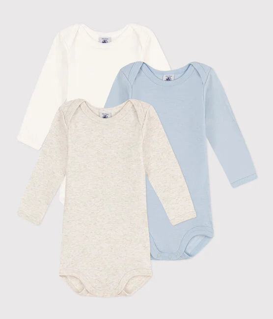 3 badi set/ Baby plain lONG-SLEEVED COTTON BODYSUITS - 3-PACK -Petit Bateau