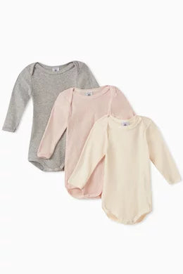 3 Body set per vajza/BABIES' PLAIN LONG-SLEEVED COTTON BODYSUITS - 3-PACK-Petit Bateau