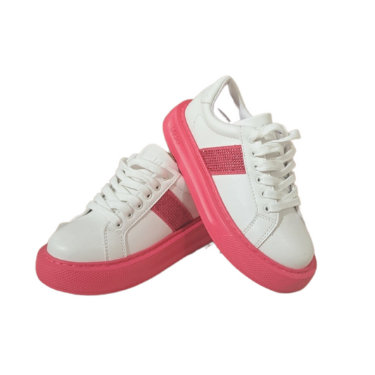 Atlete të bardha me sholle roze/
rhinestone-embellished low-top sneakers-Liu Jo