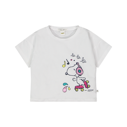 Bluze e bardhe me Snoopy per vajza/T-shirt da bambina con stampa Peneauts/Melby