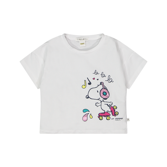 Bluze e bardhe me Snoopy per vajza/T-shirt da bambina con stampa Peneauts/Melby