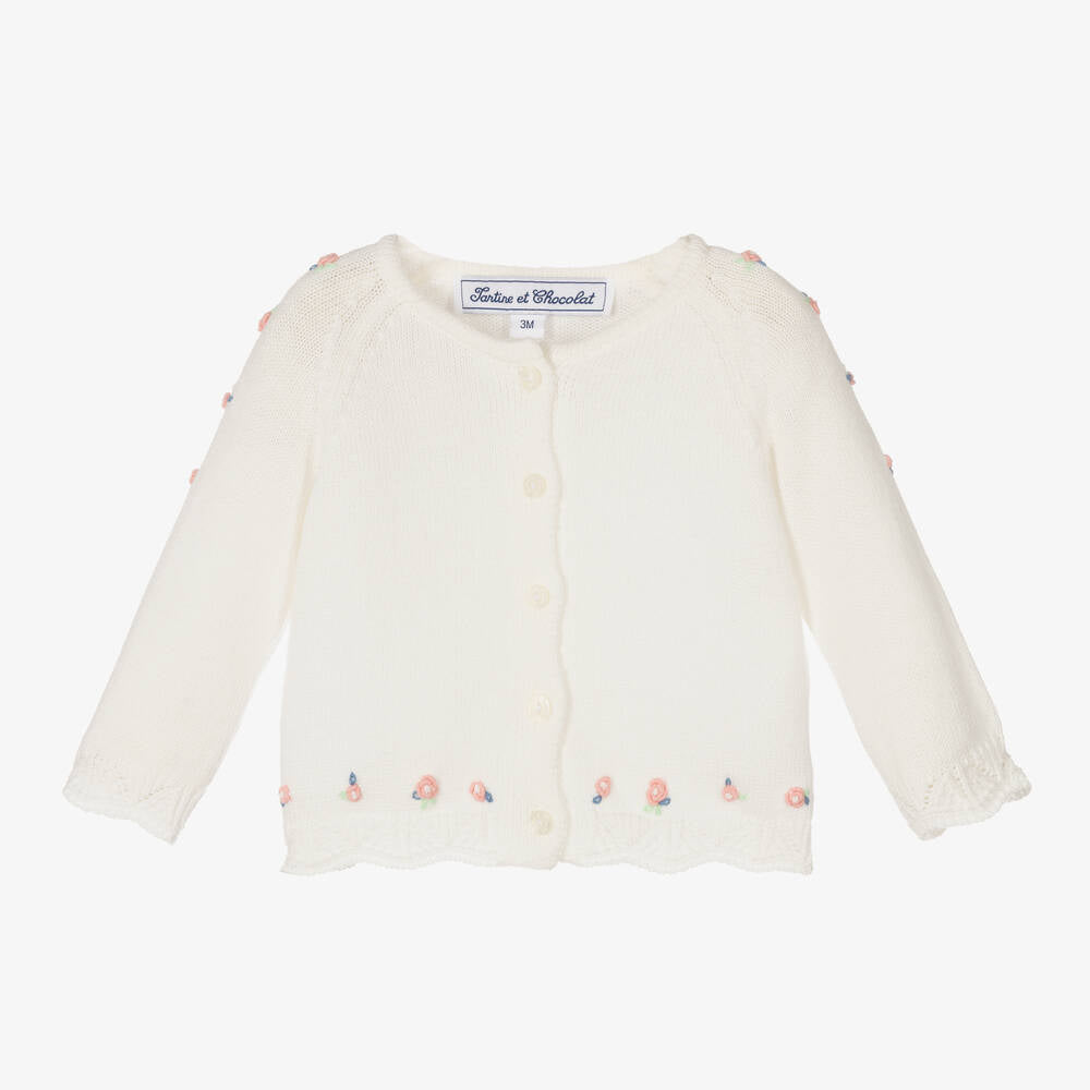 Pulover e  bardhe e qendisur/GIRLS IVORY COTTON ROSE BUD CARDIGAN/Tartine et chocolat